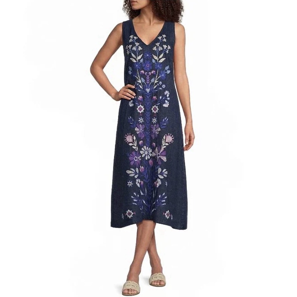 Johnny Was Adina Floral Tank Dress Embroidered Linen V-Neck Midi Medium NWT ~